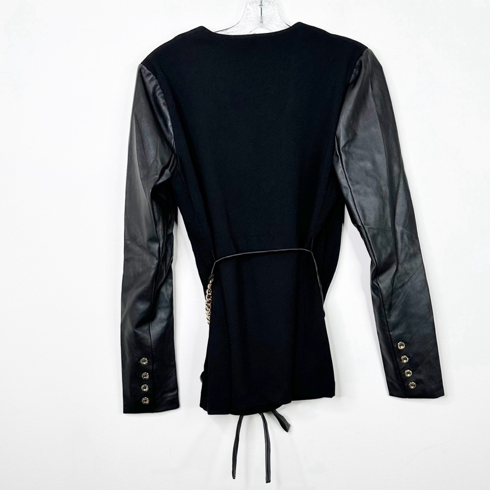 NWT H HALSTON | Black Collarless Faux Leather Sleeve Belted Blazer Jacket Sz. XS - Picture 4 of 4